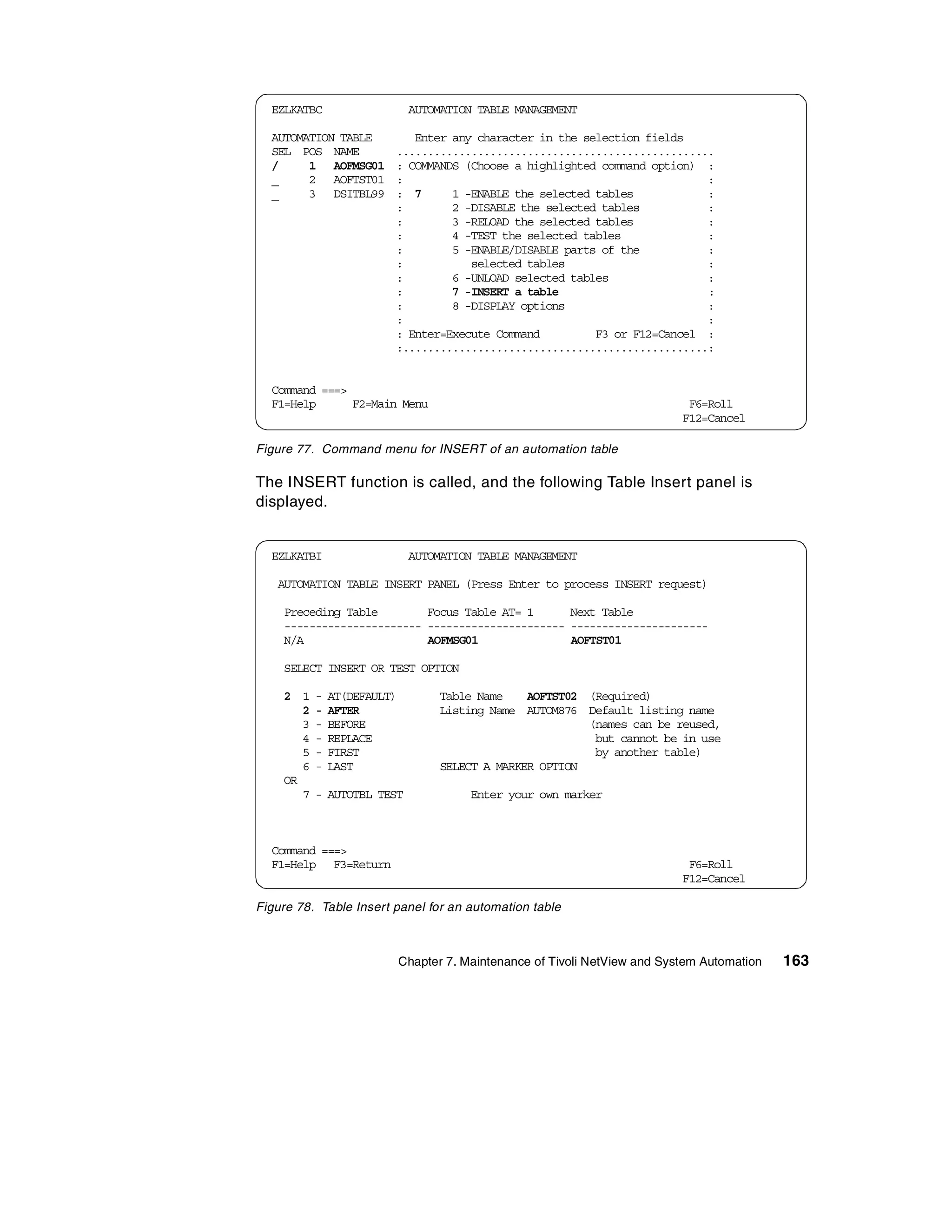 EZLKATBC                    AUTOMATION TABLE MANAGEMENT

  AUTOMATION TABLE          Enter any character in the selection fields
  SEL POS NAME           ...................................................
  /     1 AOFMSG01       : COMMANDS (Choose a highlighted command option) :
  _     2 AOFTST01       :                                                 :
  _     3 DSITBL99       : 7      1 -ENABLE the selected tables            :
                         :        2 -DISABLE the selected tables           :
                         :        3 -RELOAD the selected tables            :
                         :        4 -TEST the selected tables              :
                         :        5 -ENABLE/DISABLE parts of the           :
                         :           selected tables                       :
                         :        6 -UNLOAD selected tables                :
                         :        7 -INSERT a table                        :
                         :        8 -DISPLAY options                       :
                         :                                                 :
                         : Enter=Execute Command         F3 or F12=Cancel :
                         :.................................................:


  Command ===>
  F1=Help      F2=Main Menu                                                   F6=Roll
                                                                             F12=Cancel

Figure 77. Command menu for INSERT of an automation table

The INSERT function is called, and the following Table Insert panel is
displayed.


  EZLKATBI                    AUTOMATION TABLE MANAGEMENT

   AUTOMATION TABLE INSERT PANEL (Press Enter to process INSERT request)

    Preceding Table        Focus Table AT= 1      Next Table
    ---------------------- ---------------------- ----------------------
    N/A                    AOFMSG01               AOFTST01

    SELECT INSERT OR TEST OPTION

    2 1    -   AT(DEFAULT)          Table Name    AOFTST02 (Required)
       2   -   AFTER                Listing Name AUTOM876 Default listing name
       3   -   BEFORE                                      (names can be reused,
       4   -   REPLACE                                      but cannot be in use
       5   -   FIRST                                        by another table)
       6   -   LAST                 SELECT A MARKER OPTION
    OR
       7   - AUTOTBL TEST                Enter your own marker



  Command ===>
  F1=Help F3=Return                                                           F6=Roll
                                                                             F12=Cancel

Figure 78. Table Insert panel for an automation table



                             Chapter 7. Maintenance of Tivoli NetView and System Automation   163
 
