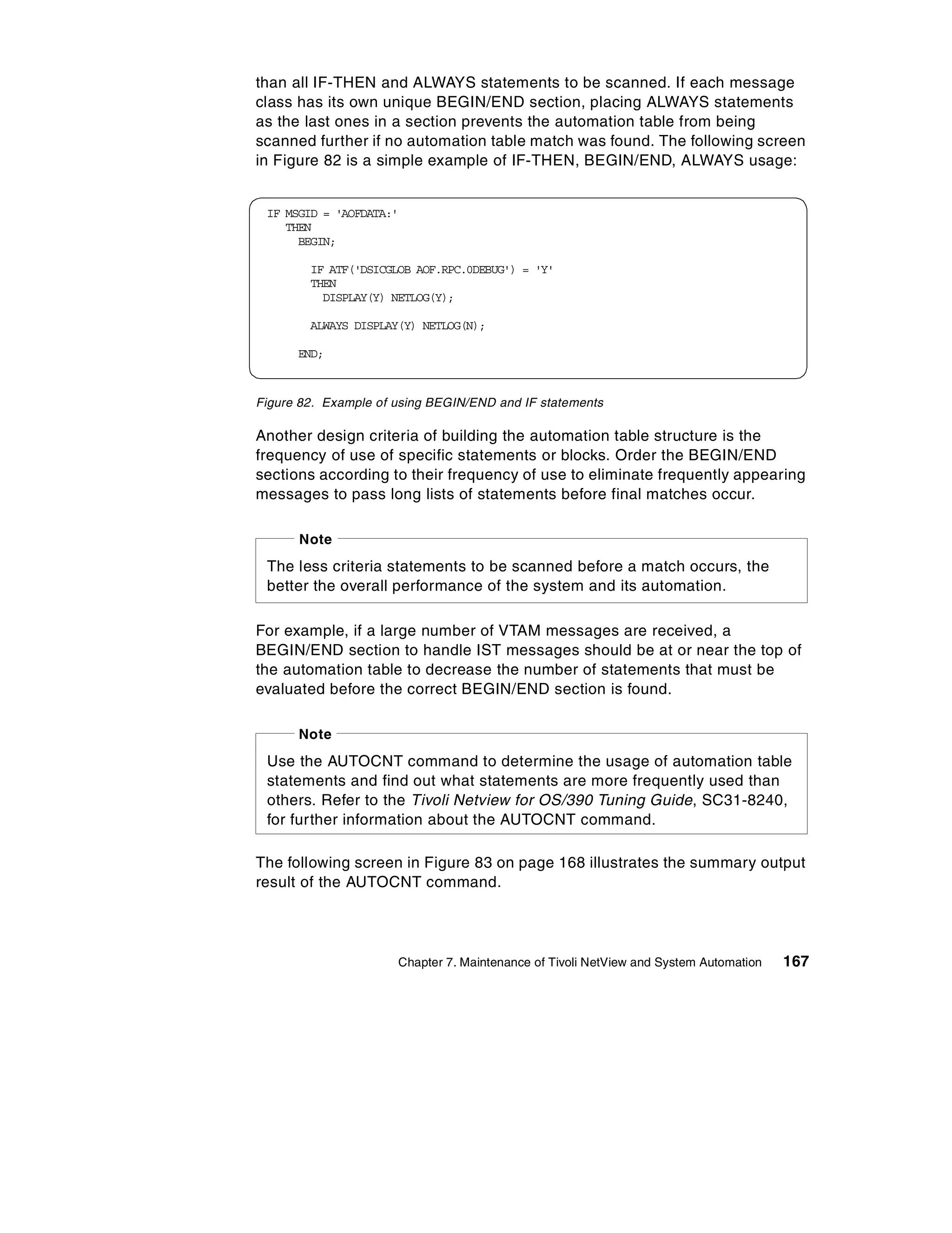 than all IF-THEN and ALWAYS statements to be scanned. If each message
class has its own unique BEGIN/END section, placing ALWAYS statements
as the last ones in a section prevents the automation table from being
scanned further if no automation table match was found. The following screen
in Figure 82 is a simple example of IF-THEN, BEGIN/END, ALWAYS usage:


 IF MSGID = 'AOFDATA:'
    THEN
      BEGIN;

        IF ATF('DSICGLOB AOF.RPC.0DEBUG') = 'Y'
        THEN
          DISPLAY(Y) NETLOG(Y);

        ALWAYS DISPLAY(Y) NETLOG(N);

      END;



Figure 82. Example of using BEGIN/END and IF statements

Another design criteria of building the automation table structure is the
frequency of use of specific statements or blocks. Order the BEGIN/END
sections according to their frequency of use to eliminate frequently appearing
messages to pass long lists of statements before final matches occur.

      Note
 The less criteria statements to be scanned before a match occurs, the
 better the overall performance of the system and its automation.

For example, if a large number of VTAM messages are received, a
BEGIN/END section to handle IST messages should be at or near the top of
the automation table to decrease the number of statements that must be
evaluated before the correct BEGIN/END section is found.

      Note
 Use the AUTOCNT command to determine the usage of automation table
 statements and find out what statements are more frequently used than
 others. Refer to the Tivoli Netview for OS/390 Tuning Guide, SC31-8240,
 for further information about the AUTOCNT command.

The following screen in Figure 83 on page 168 illustrates the summary output
result of the AUTOCNT command.




                      Chapter 7. Maintenance of Tivoli NetView and System Automation   167
 