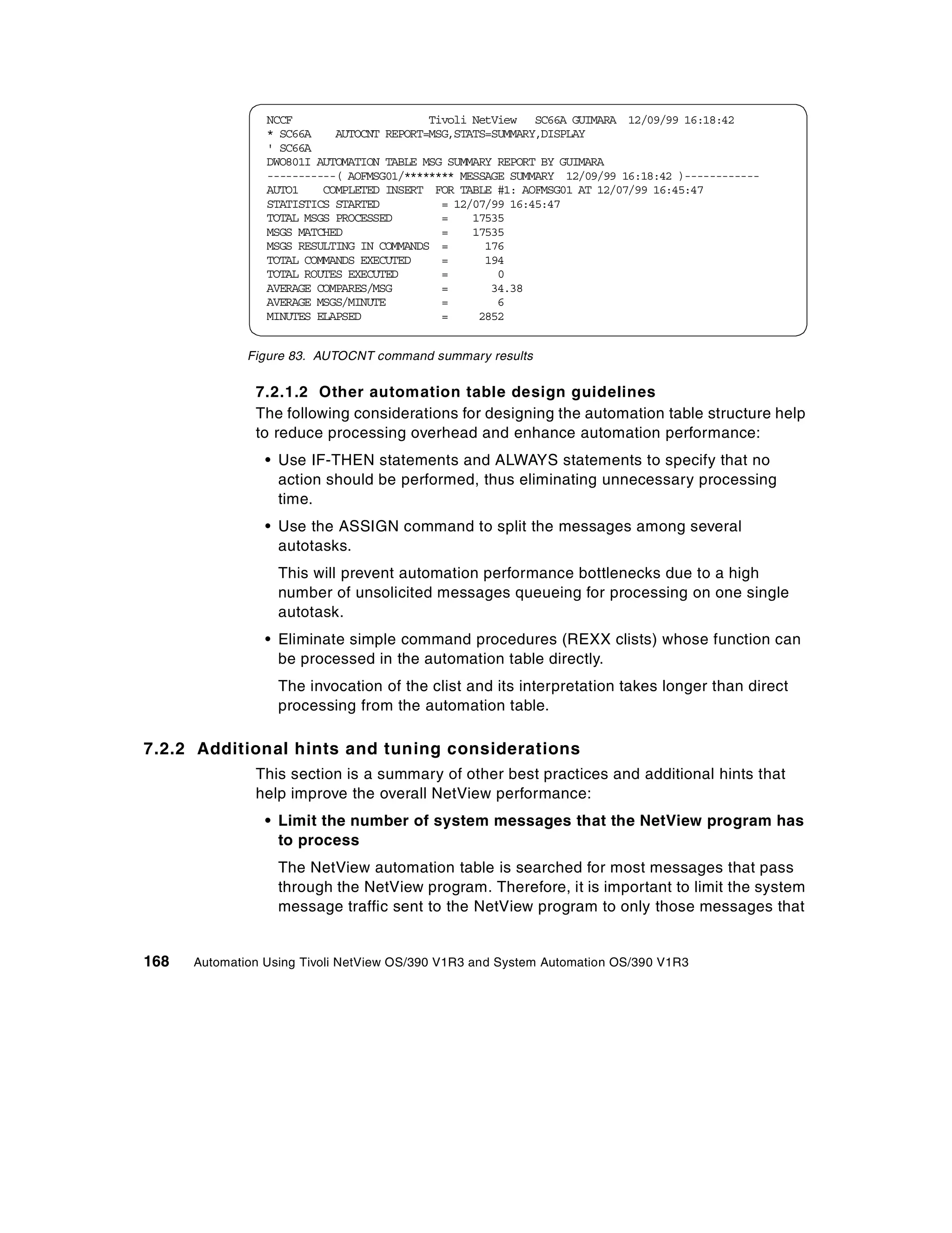 NCCF                      Tivoli NetView SC66A GUIMARA 12/09/99 16:18:42
                 * SC66A    AUTOCNT REPORT=MSG,STATS=SUMMARY,DISPLAY
                 ' SC66A
                 DWO801I AUTOMATION TABLE MSG SUMMARY REPORT BY GUIMARA
                 -----------( AOFMSG01/******** MESSAGE SUMMARY 12/09/99 16:18:42 )------------
                 AUTO1    COMPLETED INSERT FOR TABLE #1: AOFMSG01 AT 12/07/99 16:45:47
                 STATISTICS STARTED          = 12/07/99 16:45:47
                 TOTAL MSGS PROCESSED        =    17535
                 MSGS MATCHED                =    17535
                 MSGS RESULTING IN COMMANDS =       176
                 TOTAL COMMANDS EXECUTED     =      194
                 TOTAL ROUTES EXECUTED       =        0
                 AVERAGE COMPARES/MSG        =       34.38
                 AVERAGE MSGS/MINUTE         =        6
                 MINUTES ELAPSED             =     2852


              Figure 83. AUTOCNT command summary results


               7.2.1.2 Other automation table design guidelines
               The following considerations for designing the automation table structure help
               to reduce processing overhead and enhance automation performance:
                 • Use IF-THEN statements and ALWAYS statements to specify that no
                   action should be performed, thus eliminating unnecessary processing
                   time.
                 • Use the ASSIGN command to split the messages among several
                   autotasks.
                   This will prevent automation performance bottlenecks due to a high
                   number of unsolicited messages queueing for processing on one single
                   autotask.
                 • Eliminate simple command procedures (REXX clists) whose function can
                   be processed in the automation table directly.
                   The invocation of the clist and its interpretation takes longer than direct
                   processing from the automation table.

7.2.2 Additional hints and tuning considerations
               This section is a summary of other best practices and additional hints that
               help improve the overall NetView performance:
                 • Limit the number of system messages that the NetView program has
                   to process
                   The NetView automation table is searched for most messages that pass
                   through the NetView program. Therefore, it is important to limit the system
                   message traffic sent to the NetView program to only those messages that


168   Automation Using Tivoli NetView OS/390 V1R3 and System Automation OS/390 V1R3
 