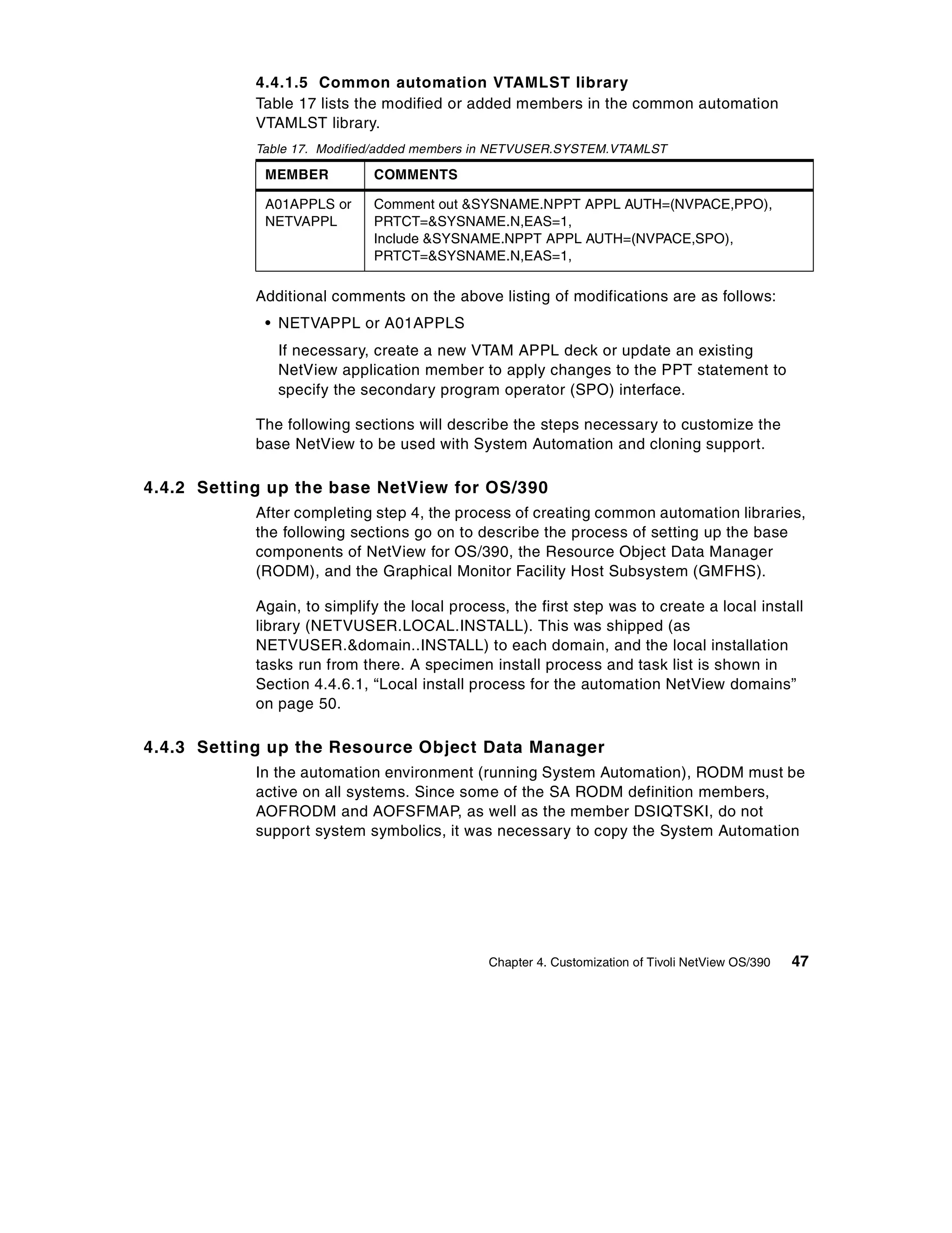 4.4.1.5 Common automation VTAMLST library
            Table 17 lists the modified or added members in the common automation
            VTAMLST library.
            Table 17. Modified/added members in NETVUSER.SYSTEM.VTAMLST

             MEMBER          COMMENTS

             A01APPLS or     Comment out &SYSNAME.NPPT APPL AUTH=(NVPACE,PPO),
             NETVAPPL        PRTCT=&SYSNAME.N,EAS=1,
                             Include &SYSNAME.NPPT APPL AUTH=(NVPACE,SPO),
                             PRTCT=&SYSNAME.N,EAS=1,

            Additional comments on the above listing of modifications are as follows:
             • NETVAPPL or A01APPLS
               If necessary, create a new VTAM APPL deck or update an existing
               NetView application member to apply changes to the PPT statement to
               specify the secondary program operator (SPO) interface.

            The following sections will describe the steps necessary to customize the
            base NetView to be used with System Automation and cloning support.

4.4.2 Setting up the base NetView for OS/390
            After completing step 4, the process of creating common automation libraries,
            the following sections go on to describe the process of setting up the base
            components of NetView for OS/390, the Resource Object Data Manager
            (RODM), and the Graphical Monitor Facility Host Subsystem (GMFHS).

            Again, to simplify the local process, the first step was to create a local install
            library (NETVUSER.LOCAL.INSTALL). This was shipped (as
            NETVUSER.&domain..INSTALL) to each domain, and the local installation
            tasks run from there. A specimen install process and task list is shown in
            Section 4.4.6.1, “Local install process for the automation NetView domains”
            on page 50.

4.4.3 Setting up the Resource Object Data Manager
            In the automation environment (running System Automation), RODM must be
            active on all systems. Since some of the SA RODM definition members,
            AOFRODM and AOFSFMAP, as well as the member DSIQTSKI, do not
            support system symbolics, it was necessary to copy the System Automation




                                              Chapter 4. Customization of Tivoli NetView OS/390   47
 