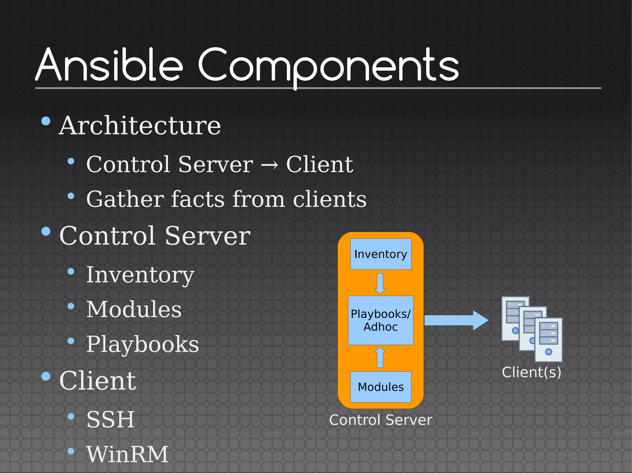 Control Server
Ansible Components
•Architecture
• Control Server → Client
• Gather facts from clients
•Control Server
• Inventory
• Modules
• Playbooks
•Client
• SSH
• WinRM
Inventory
Playbooks/
Adhoc
Modules
Client(s)
 