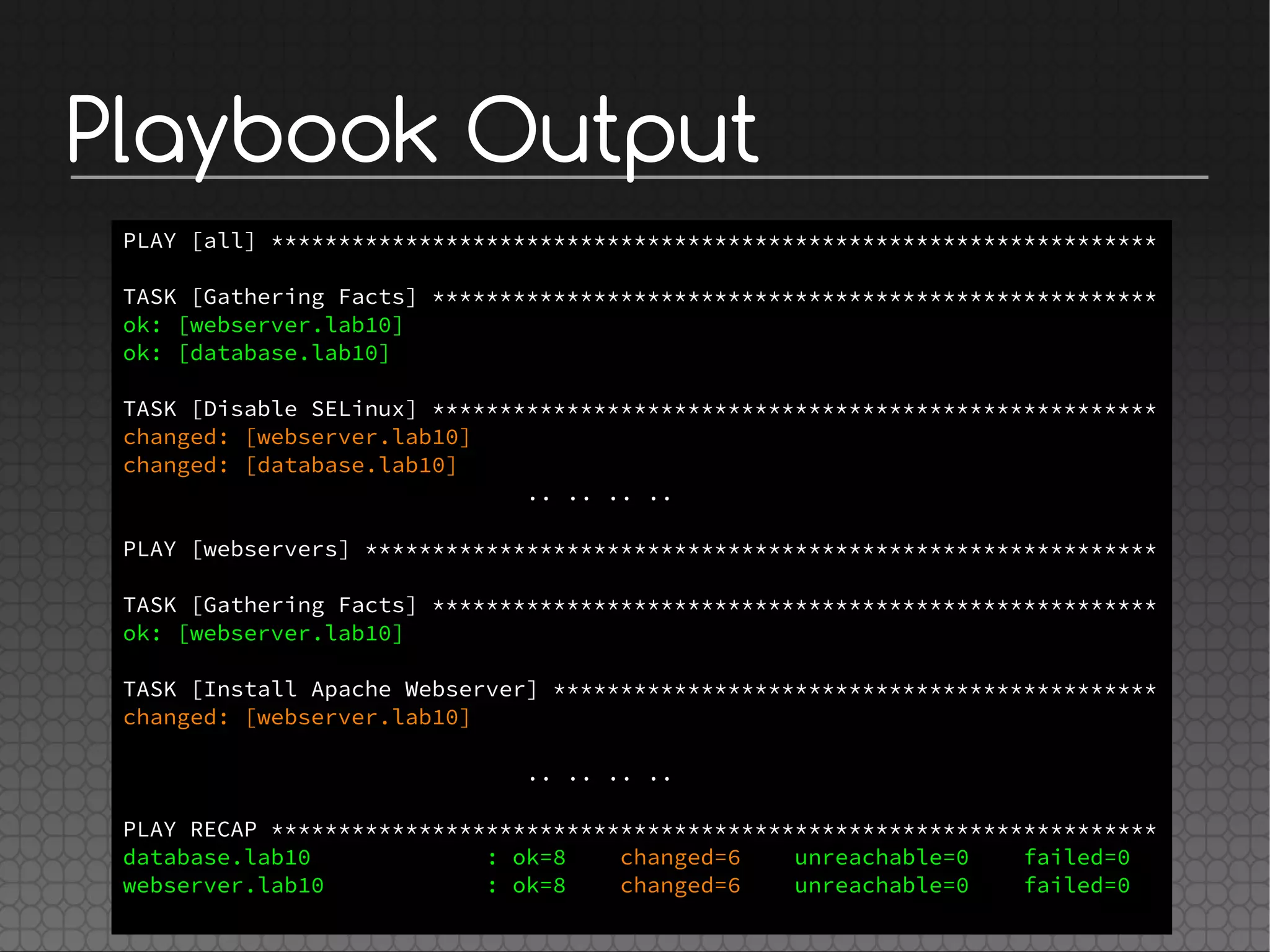 Playbook Output
PLAY [all] ******************************************************************
TASK [Gathering Facts] ******************************************************
ok: [webserver.lab10]
ok: [database.lab10]
TASK [Disable SELinux] ******************************************************
changed: [webserver.lab10]
changed: [database.lab10]
.. .. .. ..
PLAY [webservers] ***********************************************************
TASK [Gathering Facts] ******************************************************
ok: [webserver.lab10]
TASK [Install Apache Webserver] *********************************************
changed: [webserver.lab10]
.. .. .. ..
PLAY RECAP ******************************************************************
database.lab10 : ok=8 changed=6 unreachable=0 failed=0
webserver.lab10 : ok=8 changed=6 unreachable=0 failed=0
 