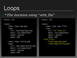 Loops
•File iteration using “with_file”
- hosts: all
tasks:
- name: Copy app.php
copy:
src: /opt/app/app.php
dest: /var/www/html/
owner: apache
mode: 600
- name: Copy config.php
copy:
src: /opt/app/config.php
dest: /var/www/html/
owner: apache
mode: 600
- hosts: all
tasks:
- name: Copy app files
copy:
src: “{{ item }}”
dest: /var/www/html/
owner: apache
mode: 600
with_file:
- “/opt/app/app.php”
- “/opt/app/config.php”
 