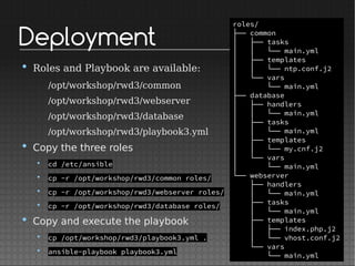 Deployment
• Roles and Playbook are available:
/opt/workshop/rwd3/common
/opt/workshop/rwd3/webserver
/opt/workshop/rwd3/database
/opt/workshop/rwd3/playbook3.yml
• Copy the three roles
• cd /etc/ansible
• cp -r /opt/workshop/rwd3/common roles/
• cp -r /opt/workshop/rwd3/webserver roles/
• cp -r /opt/workshop/rwd3/database roles/
• Copy and execute the playbook
• cp /opt/workshop/rwd3/playbook3.yml .
• ansible-playbook playbook3.yml
roles/
├── common
│   ├── tasks
│   │   └── main.yml
│   ├── templates
│   │   └── ntp.conf.j2
│   └── vars
│   └── main.yml
├── database
│   ├── handlers
│   │   └── main.yml
│   ├── tasks
│   │   └── main.yml
│   ├── templates
│   │   └── my.cnf.j2
│   └── vars
│   └── main.yml
└── webserver
├── handlers
│   └── main.yml
├── tasks
│   └── main.yml
├── templates
│   ├── index.php.j2
│   └── vhost.conf.j2
└── vars
└── main.yml
 