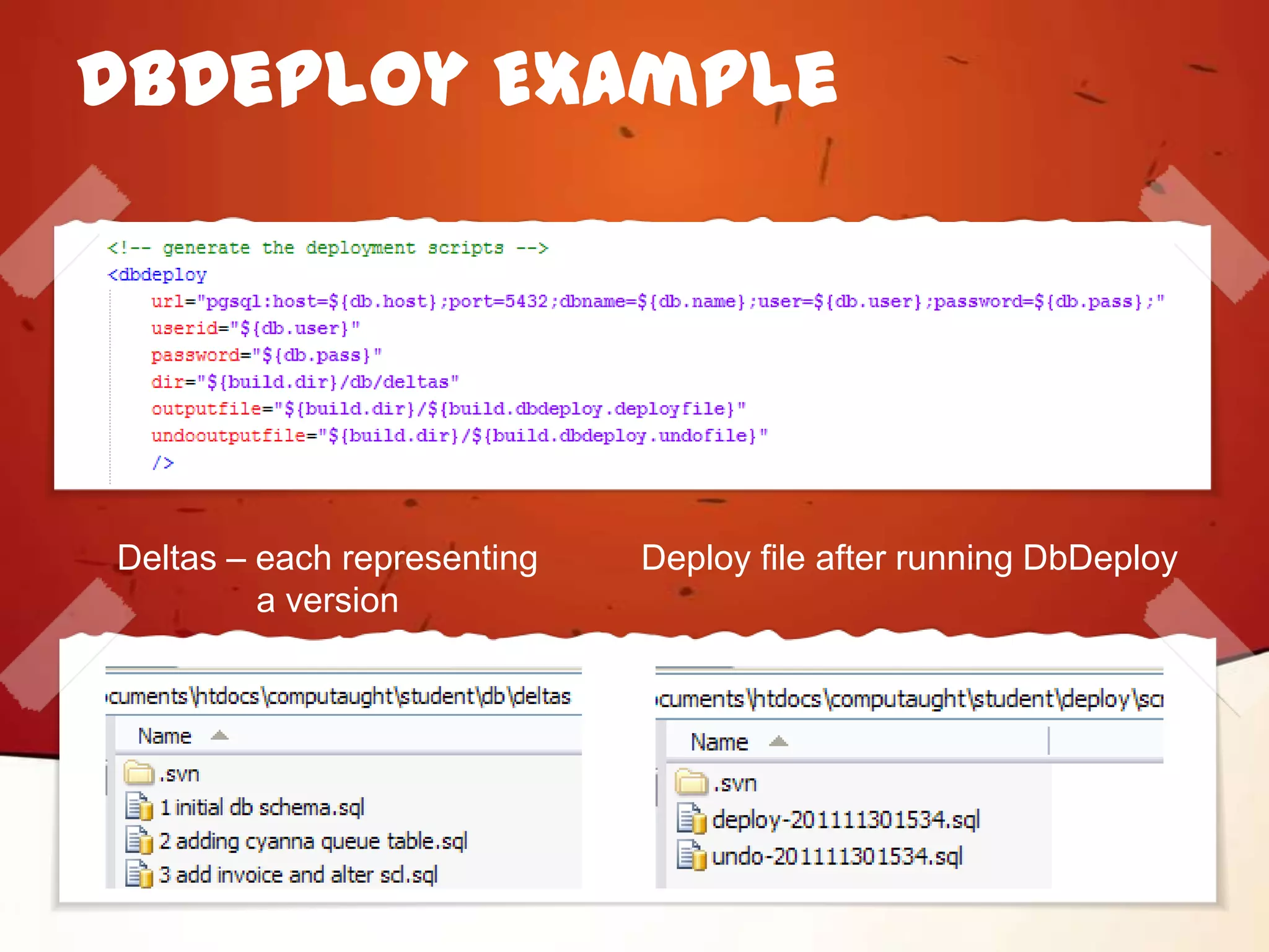DbDeploy Example




Deltas – each representing   Deploy file after running DbDeploy
         a version
 