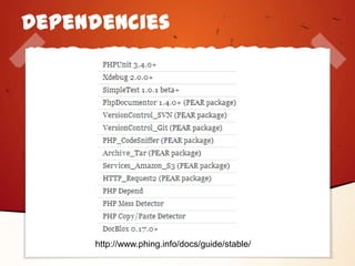 Dependencies




     http://www.phing.info/docs/guide/stable/
 