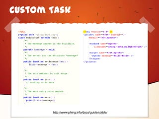 Custom Task




       http://www.phing.info/docs/guide/stable/
 