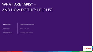 WHAT ARE “APIS” –
AND HOW DO THEY HELP US?
Motivation Digitization Pain Points
Overview What is anAPI?
Best Practices Learningfrom others
 