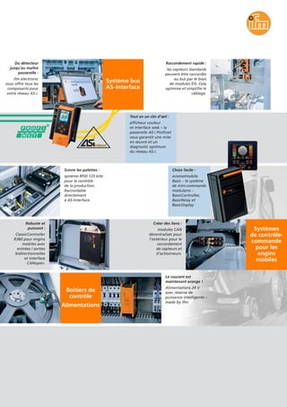 Boîtiers de
contrôle
Alimentations
Le courant est
maintenant orange !
Alimentations 24 V
avec réserve de
puissance intelligente –
made by ifm.
Tout en un clin d’œil :
afficheur couleur
et interface web – la
passerelle AS-i Profinet
vous garantit une mise
en œuvre et un
diagnostic optimum
du réseau AS-i.
Suivre les palettes :
système RFID 125 kHz
pour le contrôle
de la production.
Raccordable
directement
à AS-Interface.
Robuste et
puissant :
ClassicController
R360 pour engins
mobiles avec
entrées / sorties
bidirectionnelles
et interface
CANopen.
Du détecteur
jusqu’au maître
passerelle :
ifm electronic
vous offre tous les
composants pour
votre réseau AS-i.
Raccordement rapide :
les capteurs standards
peuvent être raccordés
au bus par le biais
de modules E/S. Cela
optimise et simplifie le
câblage.
Choix facile :
ecomatmobile
Basic – le système
de mini-commande
modulaire –
BasicController,
BasicRelay et
BasicDisplay
Systèmes
de contrôle-
commande
pour les
engins
mobiles
Créer des liens :
modules CAN
décentralisés pour
l’extérieur pour le
raccordement
de capteurs et
d’actionneurs.
Système bus
AS-Interface
 