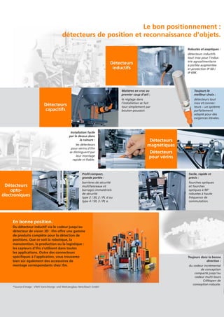 Détecteurs
opto-
électroniques
Le bon positionnement :
détecteurs de position et reconnaissance d’objets.
Détecteurs
inductifs
Robustes et aseptiques :
détecteurs inductifs
tout inox pour l’indus-
trie agroalimentaire
à portée augmentée
et protection IP 68 /
IP 69K.
Détecteurs
capacitifs
Matières en vrac au
premier coup d’œil :
le réglage dans
l’installation se fait
tout simplement par
bouton-poussoir.
Profil compact,
grande portée :
barrières de sécurité
multifaisceaux et
barrages immatériels
de sécurité
type 2 / SIL 2 / PL d ou
type 4 / SIL 3 / PL e.
Détecteurs
magnétiques
Détecteurs
pour vérins
Installation facile
par le dessus dans
la rainure :
les détecteurs
pour vérins d’ifm
se distinguent par
leur montage
rapide et fiable.
Facile, rapide et
précis :
fourches optiques
et fourches
optiques à 90°
robustes à haute
fréquence de
commutation.
Toujours le
meilleur choix :
détecteurs tout
inox et connec-
teurs – un système
parfaitement
adapté pour des
exigences élevées.
Toujours dans la bonne
direction :
du codeur incrémental
de conception
compacte jusqu’au
codeur multi-tours
CANopen de
conception robuste.
En bonne position.
Du détecteur inductif via le codeur jusqu’au
détecteur de vision 3D : ifm offre une gamme
de produits complète pour la détection de
positions. Que ce soit la robotique, la
manutention, la production ou la logistique :
les capteurs d’ifm s’utilisent dans toutes
les applications. Outre des connecteurs
spécifiques à l’application, vous trouverez
bien sûr également des accessoires de
montage correspondants chez ifm.
*Source d’image : VWH Vorrichtungs- und Werkzeugbau Herschbach GmbH
 
