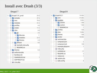RMLL 2017 – 6 Juillet 2017
Install avec Drush (3/3)
Drupal 7 Drupal 8
 