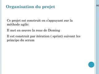 06/
Organisation du projet


Ce projet est construit en s’appuyant sur la
méthode agile:
Il met en œuvre la roue de Deming
Il est construit par itération ( sprint) suivant les
principe du scrum
 