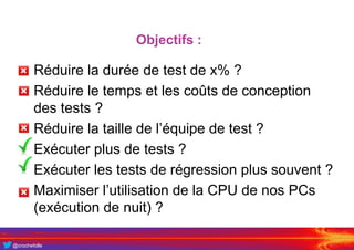 @crochefolle
Objectifs :
• Réduire la durée de test de x% ?
• Réduire le temps et les coûts de conception
des tests ?
• Réduire la taille de l’équipe de test ?
• Exécuter plus de tests ?
• Exécuter les tests de régression plus souvent ?
• Maximiser l’utilisation de la CPU de nos PCs
(exécution de nuit) ?
 