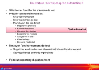 @crochefolle
Couverture : Qu’est-ce qu’on automatise ?
Test automatisé
• Sélectionner /identifier les scénarios de test
• Préparer l’environnement de test
– Créer l’environnement
– Créer les données de test
– Pour chacun des cas de test
• Préparer les prérequis
• Exécuter le scénario
• Comparer les résultats
• Enregistrer les résultats
• Analyser les « fails »
• Créer les bugs
• Revenir à l’état initial
• Nettoyer l’environnement de test
– Supprimer les données non nécessaires/rebaser l’environnement
– Sauvegarder les données importantes
• Faire un reporting d’avancement
 