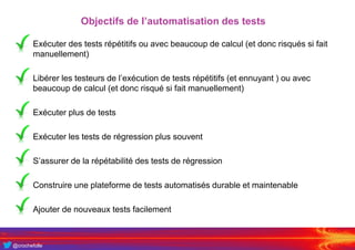 @crochefolle
Objectifs de l’automatisation des tests
• Exécuter des tests répétitifs ou avec beaucoup de calcul (et donc risqués si fait
manuellement)
• Libérer les testeurs de l’exécution de tests répétitifs (et ennuyant ) ou avec
beaucoup de calcul (et donc risqué si fait manuellement)
• Exécuter plus de tests
• Exécuter les tests de régression plus souvent
• S’assurer de la répétabilité des tests de régression
• Construire une plateforme de tests automatisés durable et maintenable
• Ajouter de nouveaux tests facilement
 