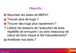 @crochefolle
Objectifs :
• Sécuriser les dates de MEPs?
• Trouver plus de bugs ?
• Trouver des bugs plus rapidement ?
• Libérer les testeurs de l’exécution de tests
répétitifs (et ennuyant ) ou avec beaucoup de
calcul (et donc risqué si fait manuellement)?
• Améliorer nos tests ?
 