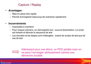 @crochefolle
Capture / Replay
• Avantages :
– Mise en place très rapide
– Permet d’enregistrer beaucoup de scénarios rapidement
• Inconvénients
– Impossible à maintenir
– Pour chaque scénario, on réenregistre tout : aucune factorisation. Le script
est linéaire et déroule la séquence de test
– Les données et les étapes sont mélangées : autant de scripts de test que de
cas de test
20
Intéressant pour une démo, un POC jetable mais on
ne peux l’envisager sérieusement comme une
démarche durable
 