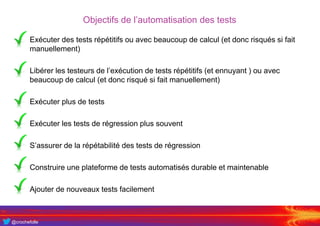 @crochefolle
Objectifs de l’automatisation des tests
• Exécuter des tests répétitifs ou avec beaucoup de calcul (et donc risqués si fait
manuellement)
• Libérer les testeurs de l’exécution de tests répétitifs (et ennuyant ) ou avec
beaucoup de calcul (et donc risqué si fait manuellement)
• Exécuter plus de tests
• Exécuter les tests de régression plus souvent
• S’assurer de la répétabilité des tests de régression
• Construire une plateforme de tests automatisés durable et maintenable
• Ajouter de nouveaux tests facilement
 