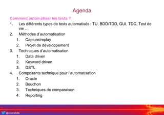 @crochefolle
Agenda
Comment automatiser les tests ?
1. Les différents types de tests automatisés : TU, BDD/TDD, GUI, TDC, Test de
vie …
2. Méthodes d’automatisation
1. Capture/replay
2. Projet de développement
3. Techniques d’automatisation
1. Data driven
2. Keyword driven
3. DSTL
4. Composants technique pour l’automatisation
1. Oracle
2. Bouchon
3. Techniques de comparaison
4. Reporting
 