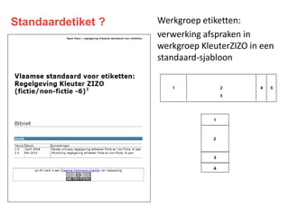 Standaardetiket ? Werkgroep etiketten:
verwerking afspraken in
werkgroep KleuterZIZO in een
standaard-sjabloon
 