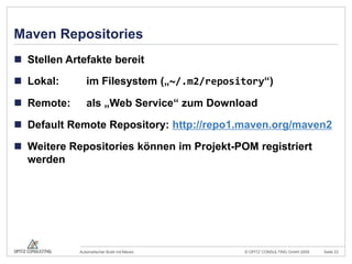Maven RepositoriesStellen Artefakte bereitLokal: 	im Filesystem („~/.m2/repository“)Remote:	als „Web Service“ zum DownloadDefault RemoteRepository: http://repo1.maven.org/maven2Weitere Repositories können im Projekt-POM registriert werden