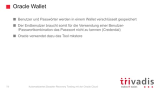 Oracle Wallet
Automatisiertes Disaster Recovery Testing mit der Oracle Cloud
Benutzer und Passwörter werden in einem Wallet verschlüsselt gespeichert
Der Endbenutzer braucht somit für die Verwendung einer Benutzer-
/Passwortkombination das Passwort nicht zu kennen (Credential)
Oracle verwendet dazu das Tool mkstore
19
 