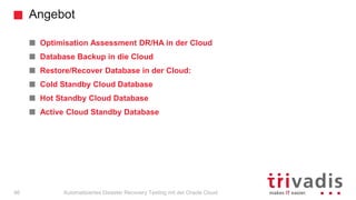Angebot
Automatisiertes Disaster Recovery Testing mit der Oracle Cloud
Optimisation Assessment DR/HA in der Cloud
Database Backup in die Cloud
Restore/Recover Database in der Cloud:
Cold Standby Cloud Database
Hot Standby Cloud Database
Active Cloud Standby Database
46
 