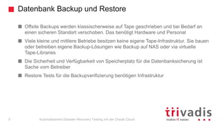 Datenbank Backup und Restore
Automatisiertes Disaster Recovery Testing mit der Oracle Cloud
Offsite Backups werden klassischerweise auf Tape geschrieben und bei Bedarf an
einen sicheren Standort verschoben. Das benötigt Hardware und Personal
Viele kleine und mittlere Betriebe besitzen keine eigene Tape-Infrastruktur. Sie bauen
oder betreiben eigene Backup-Lösungen wie Backup auf NAS oder via virtuelle
Tape-Libraries
Die Sicherheit und Verfügbarkeit von Speicherplatz für die Datenbanksicherung ist
Sache vom Betreiber
Restore Tests für die Backupverifizierung benötigen Infrastruktur
5
 