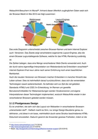 Webauftritt-Besuchern im Monat89. Anhand dieser öffentlich zugänglichen Daten setzt sich
der Browser-Markt im Mai 2010 wie folgt zusammen:

                             Webbrowser                        Layout-Engines
                                (Andere)
                             Opera                          Presto(Andere)
                                                                   (Opera)
                          Safari           IE6
                                                 WebKit (Safari+Chrome)
                  Chrome                                                         Trident (IE6+7)



                                                 IE7


                Firefox                          Gecko (Firefox)




                      IE8 comp. mode       IE8                            Trident 4 (IE8)


Das erste Diagramm unterscheidet zwischen Browser-Namen und beim Internet Explorer
auch -Versionen. Das Zweite zeigt verschiedene sogenannte Layout-Engines, also die
einem Browser zugrundeliegende Software, welche für das HTML-Rendering zuständig
ist.
Die Zahlen belegen, dass eine Menge verschiedener Web-Clients verwendet wird. Auch
der durch seine eigenwillige Interpretation von Webstandards bei Entwicklern verachtete90
Internet Explorer 6 hat neun Jahre nach seiner Einführung noch einen beachtlichen
Marktanteil.
Auch die neusten Versionen von Browsern machen Entwicklern in mancher Hinsicht das
Leben schwer. Dies ist mehrheitlich darauf zurückzuführen, dass sich die verwendeten
Technologien rasant weiterentwickeln. So beﬁnden sich zur Zeit die viel gelobten
Standards HTML5 und CSS 3 in Entwicklung. Im Rennen um gewiefte
Benutzerschnittstellen für Webanwendungen werden Vorabversionen und eigene
Interpretationen dieser Technologien implementiert, wodurch Webauftritte wieder in den
verschiedenen Browsern getestet werden müssen.

3.1.2 Pixelgenaues Design
Es ist umstritten, wie sehr sich das Layout von Webseiten in verschiedenen Browsern
unterscheiden darf91 . Vielfach macht es Sinn, nur einige Design-Bausteine genau zu
deﬁnieren, und diese in ein loses, mehrheitlich durch seine Struktur beschriebenes HTML-
Dokument einzubetten. Dadurch gewinnt der Anwender gewisse Freiheiten, indem er die


89 http://www.netmarketshare.com [7.9.2010]
90 http://www.bringdownie6.com [7.9.2010]
91 Bspw. http://boagworld.com/technology/effective-browser-support [23.9.2010]

                                                   - 32 -
 