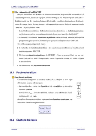 2.8 Mise en équation d’un GRAFCET 27
On peut matérialiser un GRAFCET en utilisant un automate programmable industriel (API),à
l’aide de séquenceurs, de circuits logiques, circuits électriques etc. Par conséquent, le GRAFCET-
doit être traduit par des équations logiques décrivant les conditions d’activation et de désacti-
vation de chaque étape. Il existe plusieurs méthodes qui permettent d’obtenir les équations du
GRAFCET. Les plus connues sont :
– la méthode des conditions du franchissement des transitions à évolution synchrone :
méthode structurée et normalisée qui traduit directement les règles du GRAFCET
– la méthode "industrielle" à évolution asynchrone : cette méthode, bien que plus rapide à
programmer, peut poser de problème pour quelques conﬁguration du GRAFCET.
Ces méthodes passent par trois étapes :
1. la recherche des fonctions transitions : des équations des conditions de franchissement
des transitions du GRAFCET,
2. l’écriture des équations des étapes du GRAFCET : l’étape sera caractérisée par une mé-
moire (bascule RS), dont il faut préciser l’ entrée (S) pour l’activation et l’ entrée (R) pour
la désactivation,
3. l’établissement des équations des actions.
Mise en équation d’un GRAFCET
2.8.1 Fonctions transitions
Considérons la séquence ci-contre d’un GRAFCET. D’après la 2eme
règle
d’évolution, on peut afﬁrmer que :
– La transition Tn−1,n peut être franchie, si elle est validée et la réceptivité
associée est vraie,
– La transition Tn,n+1 peut être franchie, si elle est aussi validée et la récep-
tivité associée est vraie.
On déﬁnit alors deux conditions logiques dites «fonctions transitions» tra-
duisant les afﬁrmations précédentes :
Yn−1,n = Xn−1.a
Yn,n+1 = Xn.b
n−1
n
n+1
a
b
Fonctions transitions
2.8.2 Équations des étapes
Automatisme Mourad KCHAOU
 