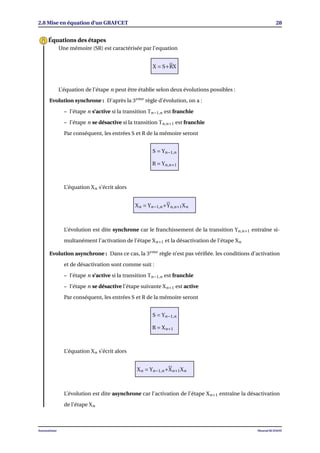 2.8 Mise en équation d’un GRAFCET 28
Une mémoire (SR) est caractérisée par l’equation
X = S+RX
L’équation de l’étape n peut être établie selon deux évolutions possibles :
Evolution synchrone : D’après la 3eme
règle d’évolution, on a :
– l’étape n s’active si la transition Tn−1,n est franchie
– l’étape n se désactive si la transition Tn,n+1 est franchie
Par conséquent, les entrées S et R de la mémoire seront
S = Yn−1,n
R = Yn,n+1
L’équation Xn s’écrit alors
Xn = Yn−1,n+Yn,n+1Xn
L’évolution est dite synchrone car le franchissement de la transition Yn,n+1 entraîne si-
multanément l’activation de l’étape Xn+1 et la désactivation de l’étape Xn
Evolution asynchrone : Dans ce cas, la 3eme
règle n’est pas vériﬁée. les conditions d’activation
et de désactivation sont comme suit :
– l’étape n s’active si la transition Tn−1,n est franchie
– l’étape n se désactive l’étape suivante Xn+1 est active
Par conséquent, les entrées S et R de la mémoire seront
S = Yn−1,n
R = Xn+1
L’équation Xn s’écrit alors
Xn = Yn−1,n+Xn+1Xn
L’évolution est dite asynchrone car l’activation de l’étape Xn+1 entraîne la désactivation
de l’étape Xn
Équations des étapes
Automatisme Mourad KCHAOU
 