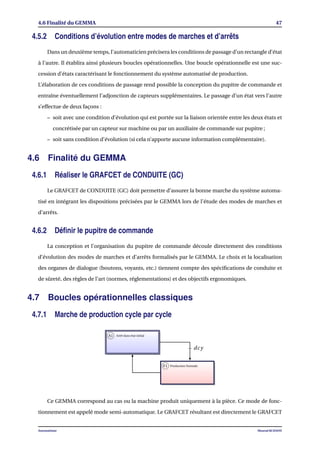 4.6 Finalité du GEMMA 47
4.5.2 Conditions d’évolution entre modes de marches et d’arrêts
Dans un deuxième temps, l’automaticien précisera les conditions de passage d’un rectangle d’état
à l’autre. Il établira ainsi plusieurs boucles opérationnelles. Une boucle opérationnelle est une suc-
cession d’états caractérisant le fonctionnement du système automatisé de production.
L’élaboration de ces conditions de passage rend possible la conception du pupitre de commande et
entraîne éventuellement l’adjonction de capteurs supplémentaires. Le passage d’un état vers l’autre
s’effectue de deux façons :
– soit avec une condition d’évolution qui est portée sur la liaison orientée entre les deux états et
concrétisée par un capteur sur machine ou par un auxiliaire de commande sur pupitre ;
– soit sans condition d’évolution (si cela n’apporte aucune information complémentaire).
4.6 Finalité du GEMMA
4.6.1 Réaliser le GRAFCET de CONDUITE (GC)
Le GRAFCET de CONDUITE (GC) doit permettre d’assurer la bonne marche du système automa-
tisé en intégrant les dispositions précisées par le GEMMA lors de l’étude des modes de marches et
d’arrêts.
4.6.2 Déﬁnir le pupitre de commande
La conception et l’organisation du pupitre de commande découle directement des conditions
d’évolution des modes de marches et d’arrêts formalisés par le GEMMA. Le choix et la localisation
des organes de dialogue (boutons, voyants, etc.) tiennent compte des spéciﬁcations de conduite et
de sûreté, des règles de l’art (normes, réglementations) et des objectifs ergonomiques.
4.7 Boucles opérationnelles classiques
4.7.1 Marche de production cycle par cycle
A1 Arrêt dans état initial
F1 Production Normale
dcy
Ce GEMMA correspond au cas ou la machine produit uniquement à la pièce. Ce mode de fonc-
tionnement est appelé mode semi-automatique. Le GRAFCET résultant est directement le GRAFCET
Automatisme Mourad KCHAOU
 