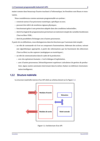 1.2 L’automate programmable industriel (API) 4
maine comme dans beaucoup d’autres touchant à l’informatique, les frontières sont ﬂoues et mou-
vantes.
Nous considérerons comme automate programmable un système :
– construit autour d’un processeur numérique, spéciﬁque ou non ;
– pouvant être relié à de nombreux signaux physiques ;
– fonctionnant grâce à une protection adaptée dans des conditions industrielles ;
– doté d’un logiciel de programmation permettant un traitement simple des variables booléennes
(Tout ou Rien-TOR) ;
– doté de possibilités d’échanges avec d’autres processeurs.
À partir de ces déﬁnitions, nous distinguerons dans les fonctions que l’automate doit remplir :
– un rôle de commande où il est un composant d’automatisme, élaborant des actions, suivant
une algorithmique appropriée, à partir des informations que lui fournissent des détecteurs
(Tout ou Rien) ou des capteurs (analogiques ou numériques) ;
– un rôle de communication dans le cadre de la production :
– avec des opérateurs humains : c’est le dialogue d’exploitation,
– avec d’autres processeurs, hiérarchiquement supérieurs (calculateur de gestion de produc-
tion), égaux (autres automates intervenant dans la même chaîne) ou inférieurs (instrumen-
tation intelligente).
1.2.2 Structure matérielle
La structure matérielle interne d’un API obéit au schéma donné sur la Figure 1.2.
Modules d’entrée
Modules de sortie
Mémoires
Unité centrale
capteurs
Actionneurs
Actionneurs
Figure 1.2: Architecture d’un API
Automatisme Mourad KCHAOU
 