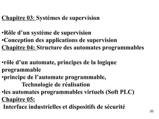 20
Chapitre 03: Systèmes de supervision
•Rôle d’un système de supervision
•Conception des applications de supervision
Chapitre 04: Structure des automates programmables
•rôle d’un automate, principes de la logique
programmable
•principe de l’automate programmable,
Technologie de réalisation
•les automates programmables virtuels (Soft PLC)
Chapitre 05:
Interface industrielles et dispositifs de sécurité
 