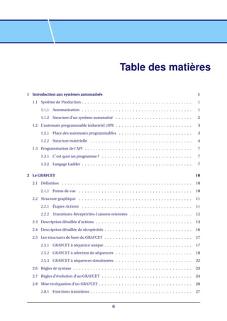 Table des matières
1 Introduction aux systèmes automatisés 1
1.1 Système de Production . . . . . . . . . . . . . . . . . . . . . . . . . . . . . . . . . . . . . . . 1
1.1.1 Automatisation . . . . . . . . . . . . . . . . . . . . . . . . . . . . . . . . . . . . . . . 1
1.1.2 Structure d’un système automatisé . . . . . . . . . . . . . . . . . . . . . . . . . . . 2
1.2 L’automate programmable industriel (API) . . . . . . . . . . . . . . . . . . . . . . . . . . . 3
1.2.1 Place des automates programmables . . . . . . . . . . . . . . . . . . . . . . . . . . 3
1.2.2 Structure matérielle . . . . . . . . . . . . . . . . . . . . . . . . . . . . . . . . . . . . 4
1.3 Programmation de l’API . . . . . . . . . . . . . . . . . . . . . . . . . . . . . . . . . . . . . . 7
1.3.1 C’est quoi un programme ? . . . . . . . . . . . . . . . . . . . . . . . . . . . . . . . . 7
1.3.2 Langage Ladder . . . . . . . . . . . . . . . . . . . . . . . . . . . . . . . . . . . . . . . 7
2 Le GRAFCET 10
2.1 Déﬁnition . . . . . . . . . . . . . . . . . . . . . . . . . . . . . . . . . . . . . . . . . . . . . . 10
2.1.1 Points de vue . . . . . . . . . . . . . . . . . . . . . . . . . . . . . . . . . . . . . . . . 10
2.2 Structure graphique . . . . . . . . . . . . . . . . . . . . . . . . . . . . . . . . . . . . . . . . 11
2.2.1 Étapes-Actions . . . . . . . . . . . . . . . . . . . . . . . . . . . . . . . . . . . . . . . 11
2.2.2 Transitions-Réceptivités-Liaisons orientées . . . . . . . . . . . . . . . . . . . . . . 12
2.3 Description détaillée d’actions . . . . . . . . . . . . . . . . . . . . . . . . . . . . . . . . . . 13
2.4 Description détaillée de réceptivités . . . . . . . . . . . . . . . . . . . . . . . . . . . . . . . 16
2.5 Les structures de base du GRAFCET . . . . . . . . . . . . . . . . . . . . . . . . . . . . . . . 17
2.5.1 GRAFCET à séquence unique . . . . . . . . . . . . . . . . . . . . . . . . . . . . . . . 17
2.5.2 GRAFCET à selection de séquences . . . . . . . . . . . . . . . . . . . . . . . . . . . 18
2.5.3 GRAFCET à séquences simultanées . . . . . . . . . . . . . . . . . . . . . . . . . . . 22
2.6 Règles de syntaxe . . . . . . . . . . . . . . . . . . . . . . . . . . . . . . . . . . . . . . . . . . 23
2.7 Règles d’évolution d’un GRAFCET . . . . . . . . . . . . . . . . . . . . . . . . . . . . . . . . 24
2.8 Mise en équation d’un GRAFCET . . . . . . . . . . . . . . . . . . . . . . . . . . . . . . . . . 26
2.8.1 Fonctions transitions . . . . . . . . . . . . . . . . . . . . . . . . . . . . . . . . . . . . 27
ii
 