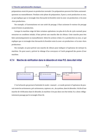 4.7 Boucles opérationnelles classiques 49
préparations avant de passer en production normale. Ces préparations peuvent être faites automati-
quement ou manuellement. Pendant cette phase de préparation, il peut y avoir production ou non,
ce qui explique que ce rectangle-état chevauche la frontière entre la zone «en production» et la zone
«hors production».
Par exemple, si l’automatisme est une unité de perçage, il faut actionner le moteur de perçage
avant d’entrer en production.
Lorsque la machine exige de faire certaines opérations (en plus de la ﬁn de cycle normal) pour
retourner en condition initiale, il faut prévoir une marche dite de clôture. Cette marche peut être
faite automatiquement ou manuellement. Selon les actions à faire, il y a production ou non, ce qui
explique que ce rectangle-état chevauche la frontière entre la zone «en production» et la zone «hors
production».
Par exemple, on peut prévoir une marche de clôture pour indiquer à l’opérateur de nettoyer la
machine. On peut aussi y prévoir la vidange d’un convoyeur et l’arrêt progressif des postes d’une
machine.
4.7.4 Marche de vériﬁcation dans le désordre et mise P.O. dans état initial
A1 Arrêt dans état initialA6 Mise P.O dans l’état initial F4
Mar. Veriﬁcation dans le
désordreManci
Re f
C’est la boucle qui permet d’atteindre le mode « manuel ». ce mode permet à l’opérateur de pou-
voir tester les actionneurs, pré-actionneurs, capteurs, etc., du système, dans le désordre. A la ﬁn d’une
marche de vériﬁcation dans le désordre, la machine n’est pas dans son état initial, il y a donc obliga-
toirement passage par le rectangle d’état A6.
Automatisme Mourad KCHAOU
 