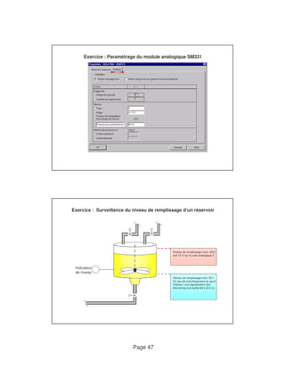 Exercice : Paramétrage du module analogique SM331 
Exercice : Surveillance du niveau de remplissage d‘un réservoir 
Page 47 
Indicateur 
de niveau 
Niveau de remplissage maxi. 600 l, 
soit 10 V sur la voie analogique 0 
Niveau de remplissage mini. 50 l. 
En cas de franchissement du seuil 
inférieur, une signalisation doit 
être émise à la sortie A9.2 (A 5.2). 
 