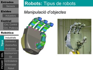 Entrades
           Sensors
                          Robots: Tipus de robots
Eixides                   Manipulació d’objectes
          Actuadors

Control
         Circ. Control
         Circ. Potència

Robòtica
          Industrials
Tipus




          Domèstics
          Zoomorfics
          Androides
         Desplaçament
GDL




              Gir
         Controladora
PICAXE




          Entrenador
             Robot
 