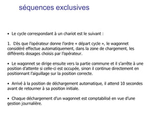 séquences exclusives
• Le cycle correspondant à un chariot est le suivant :
1. Dès que l’opérateur donne l’ordre « départ cycle », le wagonnet
considéré effectue automatiquement, dans la zone de chargement, les
différents dosages choisis par l’opérateur.
• Le wagonnet se dirige ensuite vers la partie commune et il s’arrête à une
position d’attente si celle-ci est occupée, sinon il continue directement en
positionnant l’aiguillage sur la position correcte.
• Arrivé à la position de déchargement automatique, il attend 10 secondes
avant de retourner à sa position initiale.
• Chaque déchargement d’un wagonnet est comptabilisé en vue d’une
gestion journalière.
 
