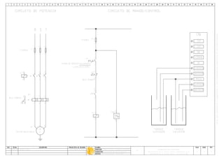 A1211
disponibilidad de un tanque inferior con control CN6
Abastecimiento de un tanque superior dependiendo de la
AUTOMATISMO CON CONTACTORES
ITS
CN6 abastecimiento tanque.dwg
Luis Fabian Martinez28/07/08A
M
3~
W
V
U
MOTOR INDUCCION III
M
21
FUSIBLE
F
43
65
21
RELE TERMICO
RT
43
65
96
9895
CIRCUITO DE POTENCIA CIRCUITO DE MANDO/CONTROL
R TS
A2A1
K
21
43
65
TANQUE
INFERIOR
21
FUSIBLE
-F1
21
FUERA DE SERVICIO,EN SERVICIO
LLAVE SELECTORA
-S1
K
A1A2
TANQUE
SUPERIOR
-CN6 COMUNNA
220
CN6
220
NA
COMUN
NC
SUPERIOR
INFERIOR
MASA
SUPERIOR
INFERIOR
1
CN6
220220
9695
RT
RELE TERMICO
 