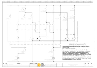 A2827Renganchador P4wa
AUTOMATISMO CON CONTACTORES
ITS
Renganchador P4wa.dwg
Luis Fabian Martinez28/07/08A
6
8
12
-A
56
-C 21
LOCAL/REMOTO
SELECTOR
remoto
local
-S
3028
LOCAL
CIERRE
CL
2625
LOCAL
APERTURA
AL
C RST
CIERRE
INTERRUPTOR
A1A2
562221
CIERRE
BLOQUEO
-BC
1
-C
78
7 2 5
34
21
5 seg
-B
65
-B
87
34
-B
4
78
-S
1413
REMOTO
CIERRE
CR
3
1413
REMOTO
APERTURA
AR
2221APERTURA
BLOQUEO
-BA
-A RST
APERTURA (DISPARO)
INTERRUPTOR
A1A2
I>
DISPARO
SOBRECORRIENTE
C/S RECIERRE
SELECTOR
S/RECIERRE
C/RECIERRE
-S1
0.3 seg
-A
1 seg
-D
43
-D
12
12
12 11
2221
RECIERRE
BLOQUEO
-BR
2221
INTERRUPTOR
AUXILIAR
CONTACTO
-LA
1112
SECUENCIA DE FUNCIONAMIENTO
Condiciones iniciales: interruptor cerrado en servicio normal y
comando local.
Con el interruptor cerrado +D.
interruptor abre, se desexcita A. Los contactos de A restablecen a
los 0.3 seg. (tiempo necesario para que se apague el arco),
mientras tanto se mantiene excitado B. Al desexcitarse B sus
contactos permanecen sin restablecer hasta 5 seg, con lo cual al
restablecerse los contactos de A el interruptor cierra.
La orden de cierre permanece, con lo cual si el defecto no ha sido
eliminado un dispositivo en el interruptor al recibir ambas ordenes
 