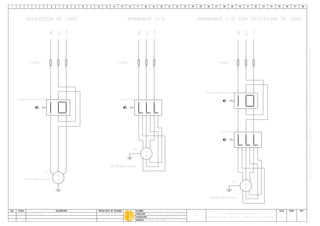 A3130
AUTOMATISMO CON CONTACTORES
ITS
Arranque directo.dwg
Luis Fabian Martinez28/07/08A
M
3~
WVU
MOTOR INDUCCION III
M
21
FUSIBLE
F
43
65
INVERSION DE GIRO
R TS
0
I
I
21
FUSIBLE
F
43
65
R TS
21
FUSIBLE
F
43
65
R TS
Y
O
Llave Y/D
D
M
3~
YXZ
V W
M3
MOTOR INDUCCION III
U
O
I
I
Y
O
Llave Y/D
D
M
3~
YXZ
V W
M3
MOTOR INDUCCION III
U
ARRANQUE Y/D
 