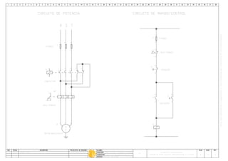 A3433
AUTOMATISMO CON CONTACTORES
ITS
Arranque directo.dwg
Luis Fabian Martinez10/11/13A
M
3~
W
V
U
MOTOR INDUCCION III
M
21
FUSIBLE
F
43
65
21
RELE TERMICO
RT
43
65
96
9895
K
1314
1413
ENCENDIDO
E
K
1211
APAGADO
A
CIRCUITO DE POTENCIA CIRCUITO DE MANDO/CONTROL
21
FUSIBLEF
R TS
A2A1
CONTACTOR
K
21
43
65
9695
RT
RELE TERMICO
87
109
 