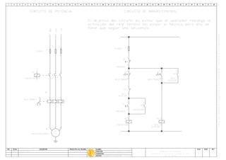 A87
del rele termico
Enclavamiento de secuencia de arrranque por medio
AUTOMATISMO CON CONTACTORES
ITS
Enclavamiento arranque.dwg
Luis Fabian Martinez28/07/08A
M
3~
W
V
U
MOTOR INDUCCION III
M
21
FUSIBLE
F
43
65
21
RELE TERMICO
RT
43
65
96
9895
CIRCUITO DE POTENCIA CIRCUITO DE MANDO/CONTROL
R TS
21
FUSIBLE
F
2221
APAGADO
S1
-K1
CONTACTOR
A1A21413
ARRANQUE
S2
1413
CONTACTOR
-K1
K2
RELE
AUXILIAR
A1A2
2121
AUXILIAR
RELE
K2
K2
RELE
AUXILIAR
1314
CONTACTOR
-K5
21
43
65
9695
RT
RELE TERMICO
9897
RT
RELE TERMICO
El objetivo del circuito es evitar que el operador reponga la
tiene que seguir una secuencia.
 