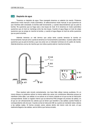 CEFIRE DE ELDA
2.4 Depósito de agua
Tenemos un depósito de agua. Para manejarlo tenemos un selector de mando. Podemos
seleccionar modo manual o modo automático. Si seleccionamos modo manual, lo que queremos es
que mientras esté conectada, la bomba esté funcionando, y cuando desconectemos que se pare la
bomba. No queremos que se haga caso a las boyas de nivel. Si lo tenemos en modo automático
queremos que el nivel se mantenga entre las dos boyas. Cuando el agua llegue al nivel de abajo
queremos que se ponga en marcha la bomba, y cuando el agua llegue al nivel de arriba queremos
que se pare la bomba.
Además tenemos un relé térmico que actúa tanto cuando tenemos la bomba en
funcionamiento manual como cuando la tenemos en funcionamiento automático. Cuando salta el relé,
queremos que se pare la bomba y que nos avise con un indicador luminoso en el cuadro de mando.
Además tenemos una luz de marcha que nos indica cuando está en marcha la bomba.
Para resolver este circuito correctamente, nos hace falta utilizar marcas auxiliares. En un
mismo bloque no podemos activar la misma salida dos veces con condiciones diferentes porque se
interfieren entre ellas. Las salidas no se activan en el mismo instante en el que se lee la instrucción
correspondiente. Existe un registro interno que se denomina PAA (Imagen de proceso de salida), en
el que se van almacenando los valores que se tienen que transferir a las salidas cuando finalice el
correspondiente ciclo de scan. Cuando se lea la instrucción BE es cuando se mandarán estos valores
a las salidas reales. Si hemos enviado varios valores dentro del mismo ciclo de scan, el que
realmente llegará a las salidas, será el último que hemos enviado.
18
 