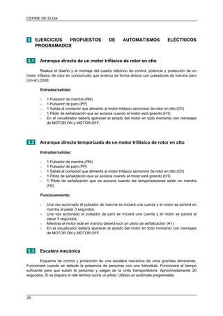CEFIRE DE ELDA
3 EJERCICIOS PROPUESTOS DE AUTOMATISMOS ELÉCTRICOS
PROGRAMADOS
3.1 Arranque directo de un motor trifásico de rotor en ctto
Realiza el diseño y el montaje del cuadro eléctrico de control, potencia y protección de un
motor trifásico de rotor en cortocircuito que arranca de forma directa con pulsadores de marcha paro
con el LOGO.
Entradas/salidas:
- 1 Pulsador de marcha (PM)
- 1 Pulsador de paro (PP)
- 1 Salida al contactor que alimenta al motor trifásico asíncrono de rotor en ctto (Q1)
- 1 Piloto de señalización que se acciona cuando el motor está girando (H1)
- En el visualizador deberá aparecer el estado del motor en todo momento con mensajes
de MOTOR ON y MOTOR OFF.
3.2 Arranque directo temporizado de un motor trifásico de rotor en ctto
Entradas/salidas:
- 1 Pulsador de marcha (PM)
- 1 Pulsador de paro (PP)
- 1 Salida al contactor que alimenta al motor trifásico asíncrono de rotor en ctto (Q1)
- 1 Piloto de señalización que se acciona cuando el motor está girando (H1)
- 1 Piloto de señalización que se acciona cuando las temporizaciones estén en marcha
(H2)
Funcionamiento:
- Una vez accionado el pulsador de marcha se iniciará una cuenta y el motor se pondrá en
marcha al pasar 3 segundos.
- Una vez accionado el pulsador de paro se iniciará una cuenta y el motor se parará al
pasar 5 segundos.
- Mientras el motor esté en marcha deberá lucir un piloto de señalización (H1)
- En el visualizador deberá aparecer el estado del motor en todo momento con mensajes
de MOTOR ON y MOTOR OFF.
3.3 Escalera mecánica
Esquema de control y protección de una escalera mecánica de unos grandes almacenes.
Funcionará cuando se detecte la presencia de personas con una fotocélula. Funcionará el tiempo
suficiente para que suban la personas y salgan de la cinta transportadora. Aproximadamente 20
segundos. Si se dispara el relé térmico lucirá un piloto. Utilizar un autómata programable.
24
 