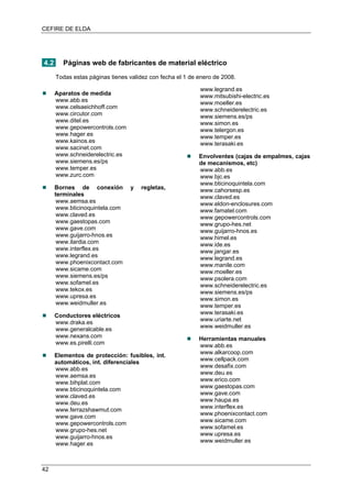 CEFIRE DE ELDA
4.2 Páginas web de fabricantes de material eléctrico
Todas estas páginas tienes validez con fecha el 1 de enero de 2008.
Apar medidaatos de
www.abb.es
comwww.celsaeichhoff.
comwww.circutor.
www.ditel.es
ontrols.comwww.gepowerc
www.hager.es
www.kainos.es
www.sacinet.com
ic.eswww.schneiderelectr
/pswww.siemens.es
www.temper.es
www.zurc.com
n y regletas,
om
s.es
m
ps
s
s
s
rotección: fusibles, int.
diferenciales
om
et
lectric.es
s
(cajas de empalmes, cajas
com
.net
os.es
tric.es
ps
ales
p.com
t.com
es
Bornes de conexió
terminales
www.aemsa.es
www.bticinoquintela.c
www.claved.es
www.gaestopas.com
www.gave.com
www.guijarro-hno
www.ilardia.com
www.interflex.es
www.legrand.es
www.phoenixcontact.co
www.sicame.com
www.siemens.es/
www.sofamel.e
www.tekox.es
www.upresa.es
www.weidmuller.es
Conductores eléctrico
www.draka.es
www.generalcable.e
www.nexans.com
www.es.pirelli.com
Elementos de p
automáticos, int.
www.abb.es
www.aemsa.es
www.bihplat.com
www.bticinoquintela.com
www.claved.es
www.deu.es
www.ferrazshawmut.com
www.gave.com
www.gepowercontrols.c
www.grupo-hes.n
www.guijarro-hnos.es
www.hager.es
www.legrand.es
www.mitsubishi-electric.es
www.moeller.es
www.schneidere
www.siemens.es/p
www.simon.es
www.telergon.es
www.temper.es
www.terasaki.es
Envolventes
de mecanismos, etc)
www.abb.es
www.bjc.es
www.bticinoquintela.com
www.cahorsesp.es
www.claved.es
es.comwww.eldon-enclosur
www.famatel.com
ontrols.www.gepowerc
eswww.grupo-h
www.guijarro-hn
www.himel.es
www.ide.es
www.jangar.es
www.legrand.es
www.manile.com
www.moeller.es
mwww.psolera.co
www.schneiderelec
www.siemens.es/
www.simon.es
www.temper.es
www.terasaki.es
www.uriarte.net
www.weidmuller.es
Herramientas manu
www.abb.es
www.alkarcoo
www.cellpack.com
www.desafix.com
www.deu.es
www.erico.com
www.gaestopas.com
www.gave.com
www.haupa.es
www.interflex.es
www.phoenixcontac
www.sicame.com
www.sofamel.es
www.upresa.es
www.weidmuller.
42
 