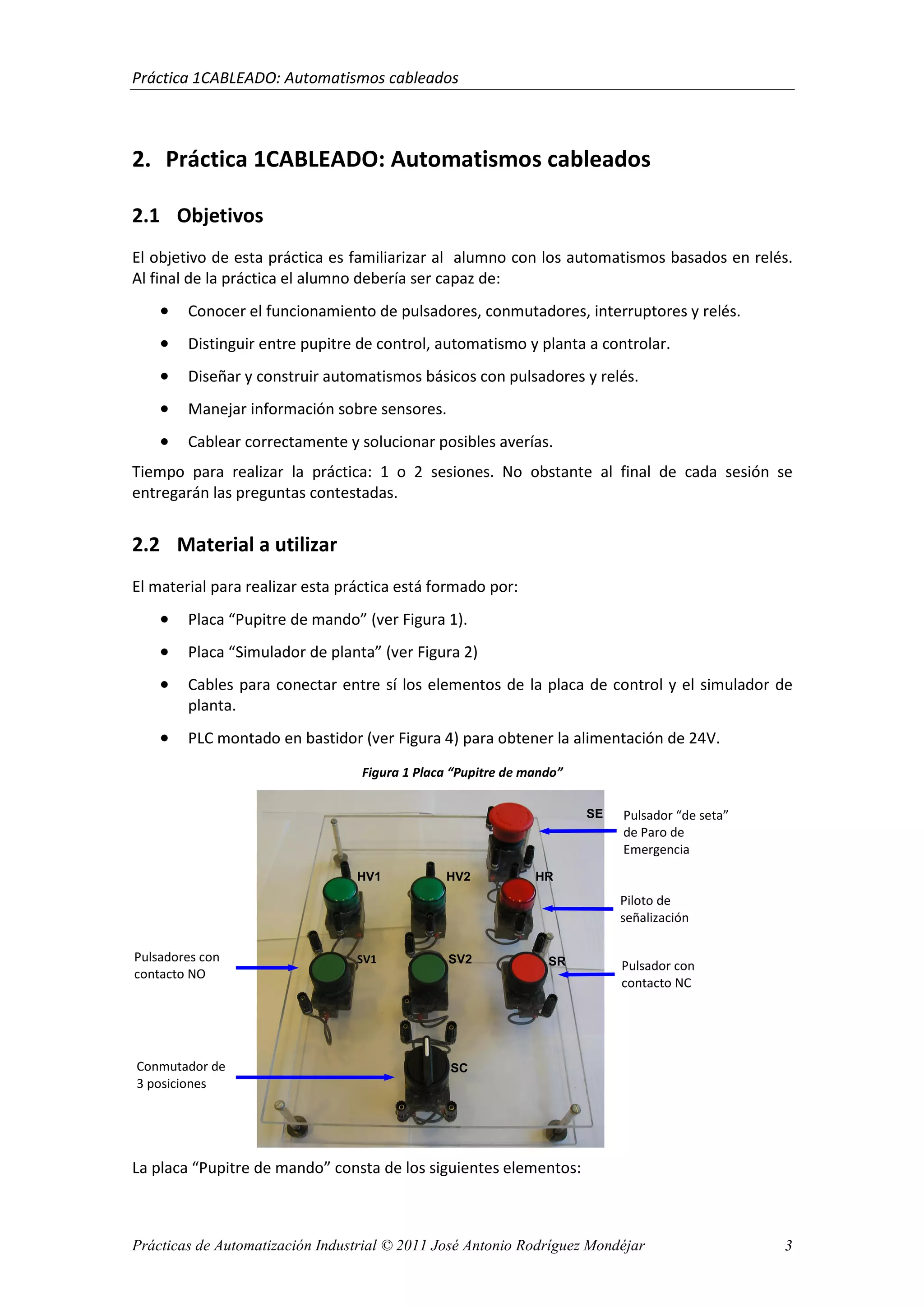 Práctica 1CABLEADO: Automatismos cableados
Prácticas de Automatización Industrial © 2011 José Antonio Rodríguez Mondéjar 3
2. Práctica 1CABLEADO: Automatismos cableados
2.1 Objetivos
El objetivo de esta práctica es familiarizar al alumno con los automatismos basados en relés.
Al final de la práctica el alumno debería ser capaz de:
• Conocer el funcionamiento de pulsadores, conmutadores, interruptores y relés.
• Distinguir entre pupitre de control, automatismo y planta a controlar.
• Diseñar y construir automatismos básicos con pulsadores y relés.
• Manejar información sobre sensores.
• Cablear correctamente y solucionar posibles averías.
Tiempo para realizar la práctica: 1 o 2 sesiones. No obstante al final de cada sesión se
entregarán las preguntas contestadas.
2.2 Material a utilizar
El material para realizar esta práctica está formado por:
• Placa “Pupitre de mando” (ver Figura 1).
• Placa “Simulador de planta” (ver Figura 2)
• Cables para conectar entre sí los elementos de la placa de control y el simulador de
planta.
• PLC montado en bastidor (ver Figura 4) para obtener la alimentación de 24V.
Figura 1 Placa “Pupitre de mando”
La placa “Pupitre de mando” consta de los siguientes elementos:
Pulsadores con
contacto NO
Conmutador de
3 posiciones
Pulsador con
contacto NC
Piloto de
señalización
Pulsador “de seta”
de Paro de
Emergencia
SV1 SV2 SR
HV1 HV2 HR
SC
SE
 