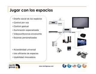 www.nechigroup.com
Jugar con los espacios
• Diseño social de los espacios
• Control por voz
• Control gestual
• Iluminación especializada
• Videoconferencia envolvente
• Escenas personalizadas
• Accesibilidad universal
• Uso eficiente de espacios
• Usabilidad innovadora
 