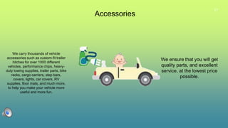 21
Accessories
We carry thousands of vehicle
accessories such as custom-fit trailer
hitches for over 1000 different
vehicles, performance chips, heavy-
duty towing supplies, trailer parts, bike
racks, cargo carriers, step bars,
covers, lights, car covers, RV
supplies, floor mats, and much more,
to help you make your vehicle more
useful and more fun.
We ensure that you will get
quality parts, and excellent
service, at the lowest price
possible.
 